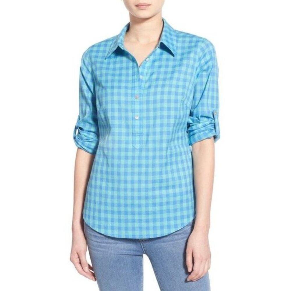 Vineyard Vines Three Color Gingham Popover Top size 4 Capri Blue Aqua Check